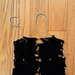 RUI Designer Pearl and Black Cutout Knit Stretch Tight Rare Top